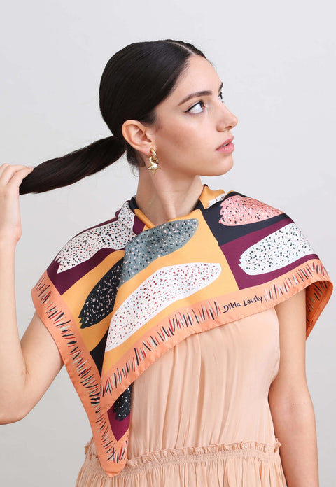 Square ethnic printed silk twill scarf, Colors: Cinnamon, Black, White, Wine