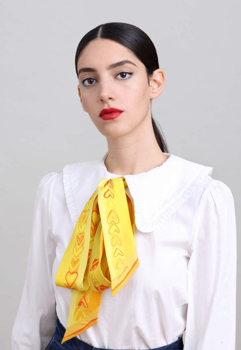 Yellow printed narrow silk scarf, Silk Twilly with Hearts