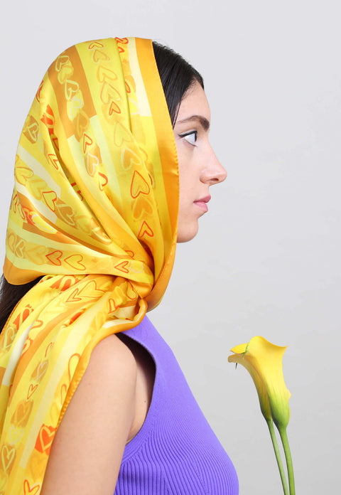 Silk headscarf, Yellow printed silk scarf, Luxury modest fashion