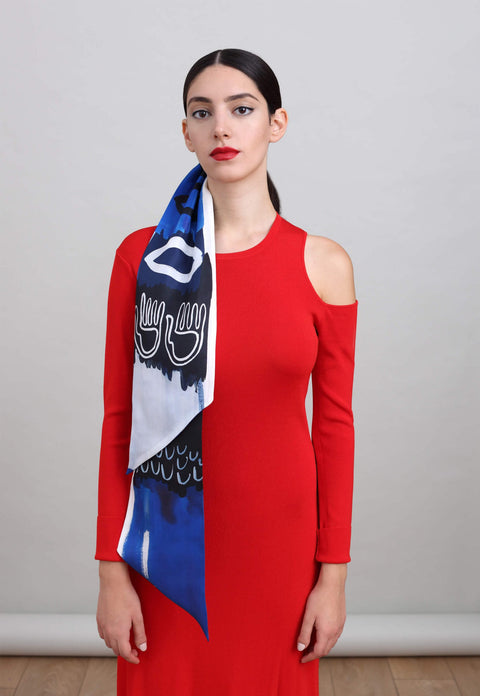 Printed silk scarf in long narrow shape and diagonal edges, in Blue, Black and White