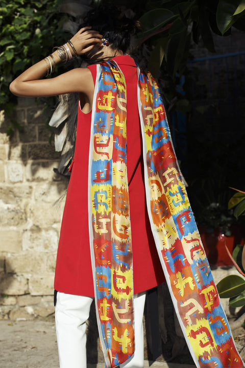 extra long printed twilly, silk scarf by dikla levsky, double sided ethnic scarf