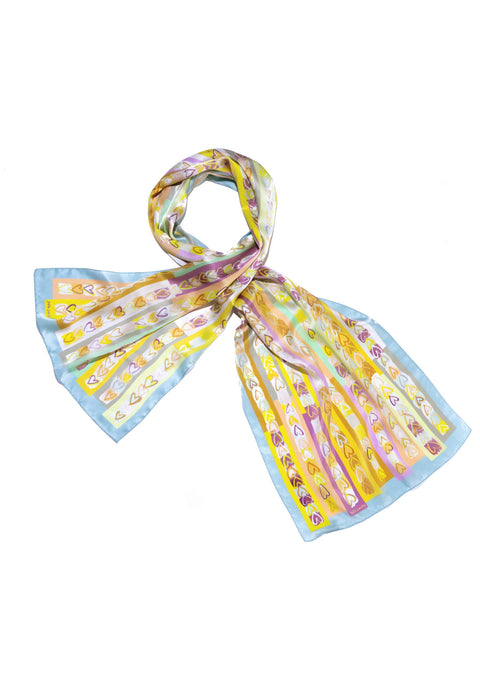 long printed silk scarf with hearts in soft colors
