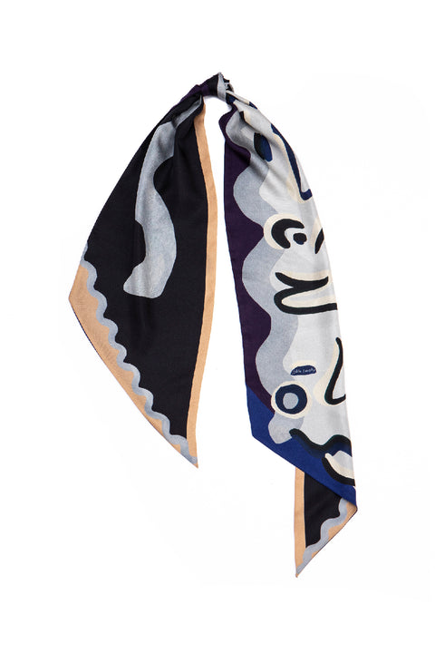 printed blue and black long scarf