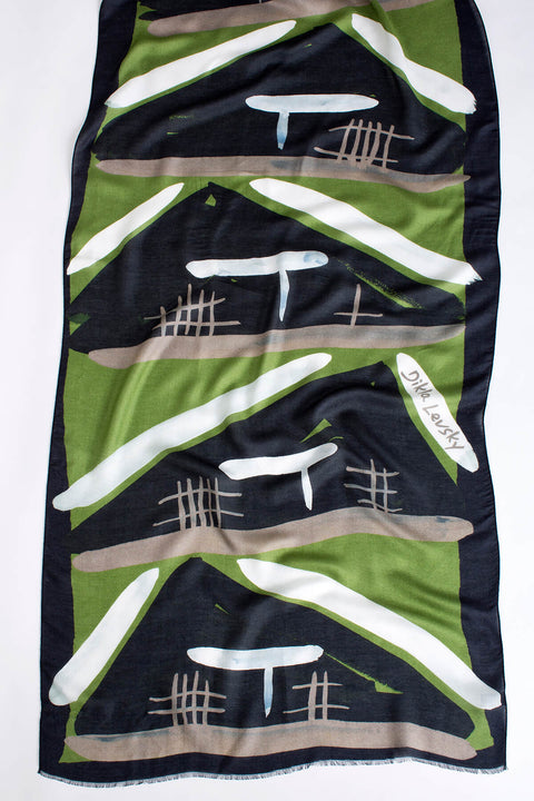 printed shawl, modal and chashmere, olive, black and white, printed scarf by dikla levsky