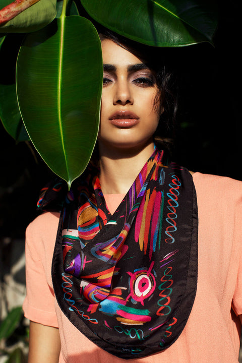 printed silk scarf, ethnic square twill foulard, mexi texi scarf by dikla levsky