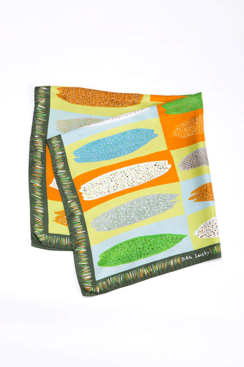 silk scarf by dikla levsky, printed twill silk square, green, ochre, light blue