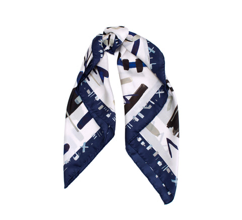 printed silk scarf, foulard in indigo blue, black and white from designer dikla levsky