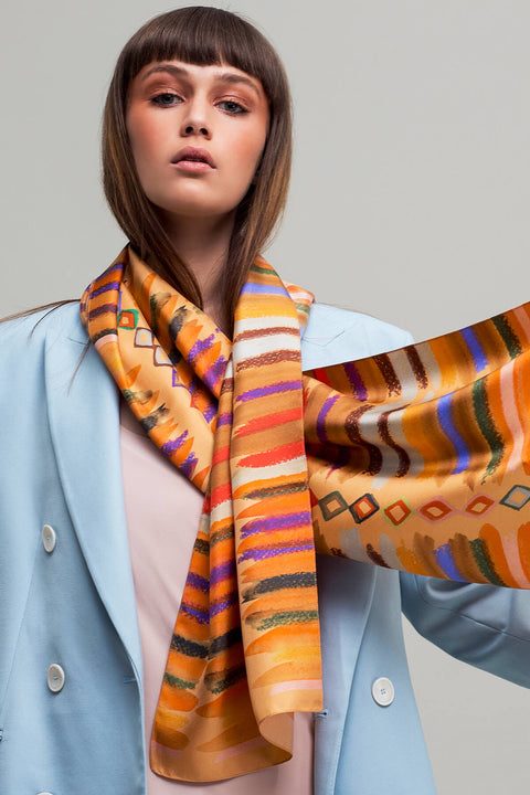 Diamonds and Stripes Custom Printed Silk Scarf in Orange | Dikla Levsky