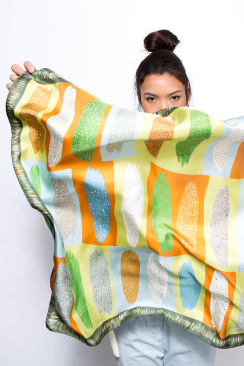 printed silk scarf, green, ochre, light blue, african pattern by dikla levsky, made in Italy