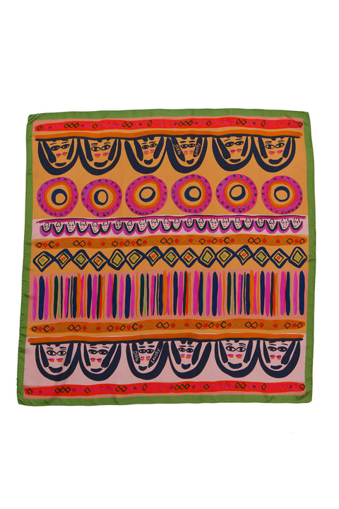 colorful square silk scarf by dikla levsky, faces printed scarf in ochre, pink,, green and rose