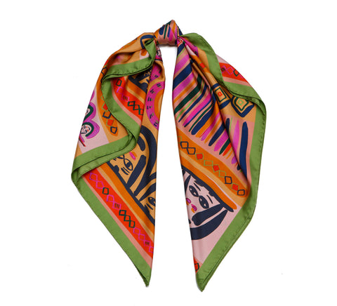 printed colorful square silk scarf, printed faces and stripes, ochre, green, pink, orange