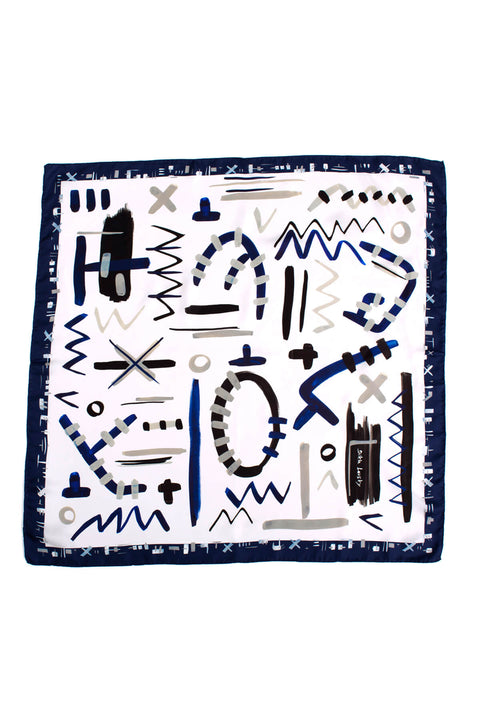 printed square scarf, silk scarf in blue and white, modern scarf by designer dikla levsky