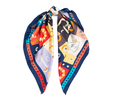 printed silk scarf, dikla levsky, whimsical print, square scarf, red and blue