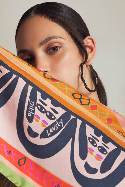 faces silk scarf, printed colorful ethnic scarf by dikla levsky, ochre and pink