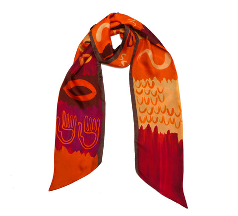twilly scarf, printed scarf, orange and purple