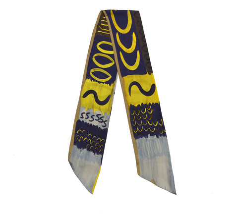 printed silk twilly, yellow double sided silk twill scarf, ethnic scarf by dikla levsky