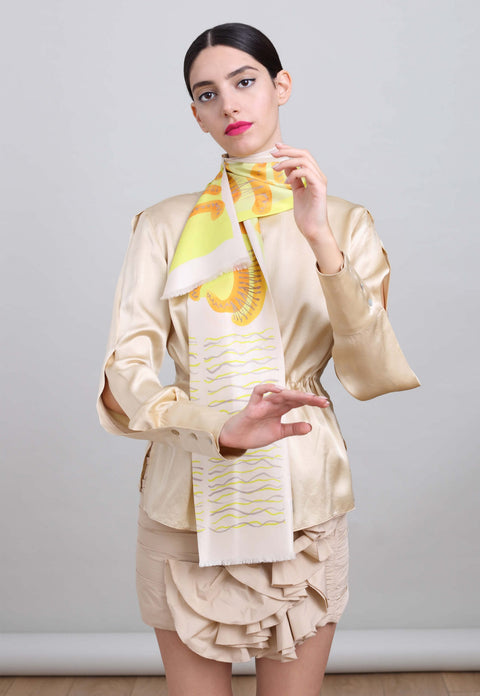 printed narrow silk twill scarf in soft colors