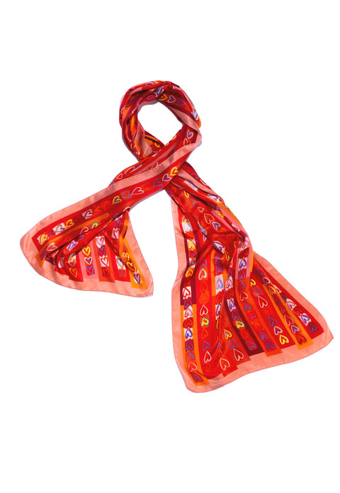 red silk scarf, printed with hearts, light and airy