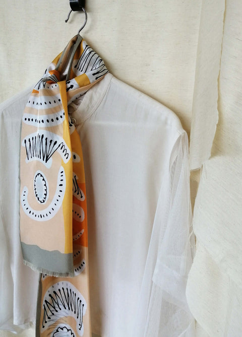 twill silk scarf, printed in soft colors
