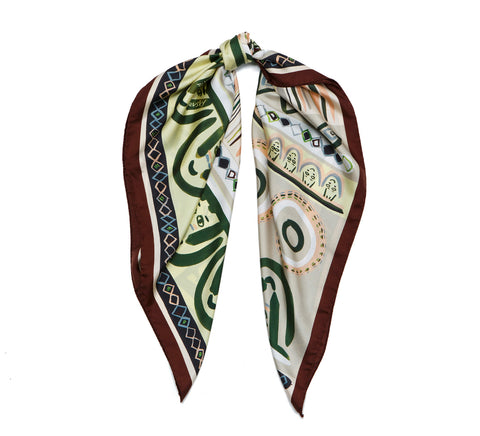 printed silk scarf, olive and grey, faces foulard by dikla levsky